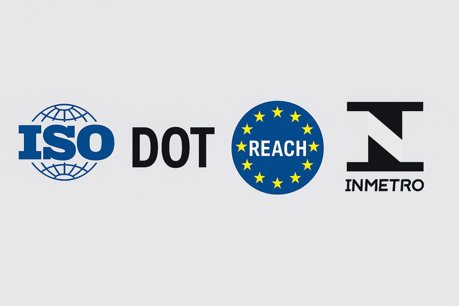 A collection of certification logos like ISO, DOT, and REACH.