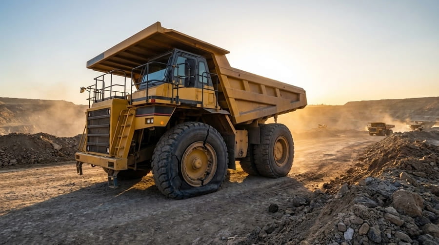 A dramatic photo of a large mining truck stranded in a quarry with a visible wheel issue, representing costly downtime.
