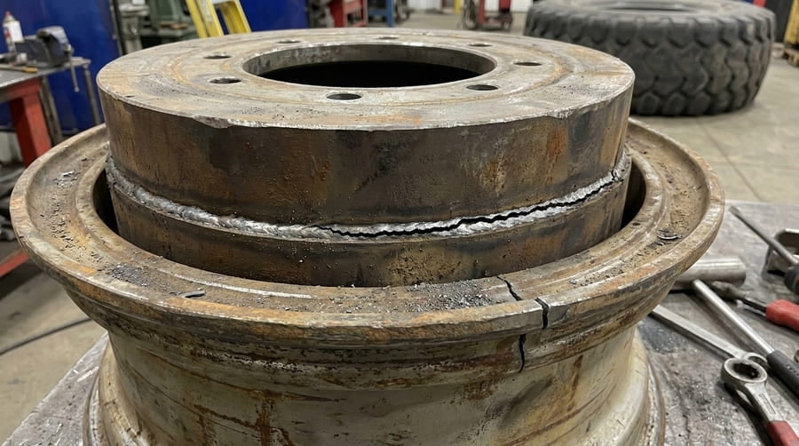 A stress analysis simulation of an OTR wheel, showing stress concentrated in red at the weld zone, not on the thick disc.