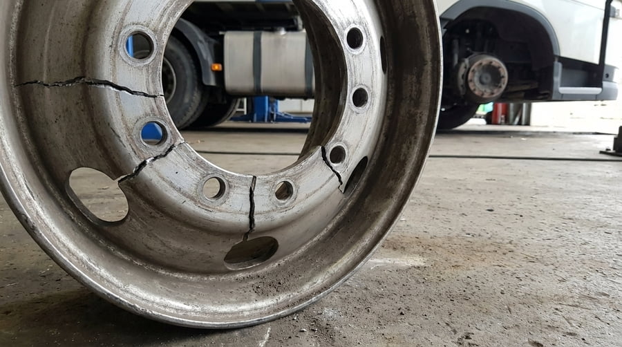 A diagram showing two wheels: one with correct offset and balanced forces, and one with incorrect offset showing a long lever arm and amplified bending force.