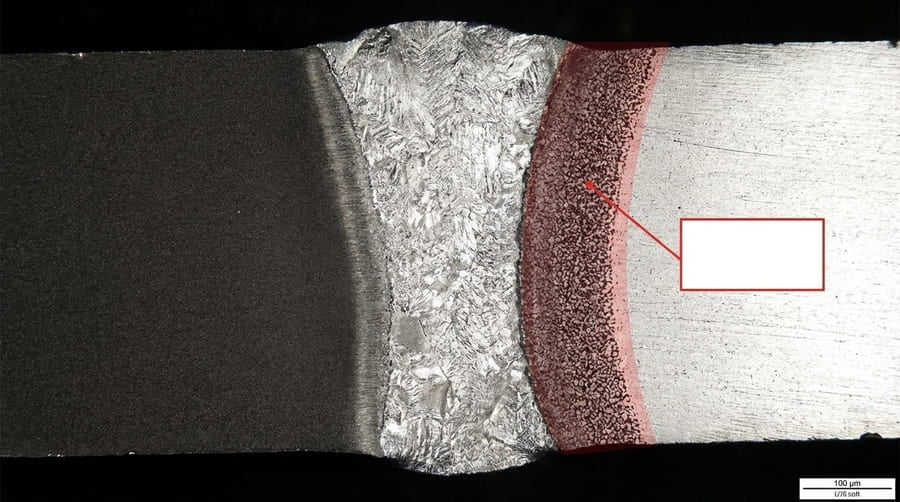 A diagram showing a cross-section of a weld, with the original steel, the weld bead, and a highlighted 'Heat Affected Zone' labeled 'Brittle & Weak'.