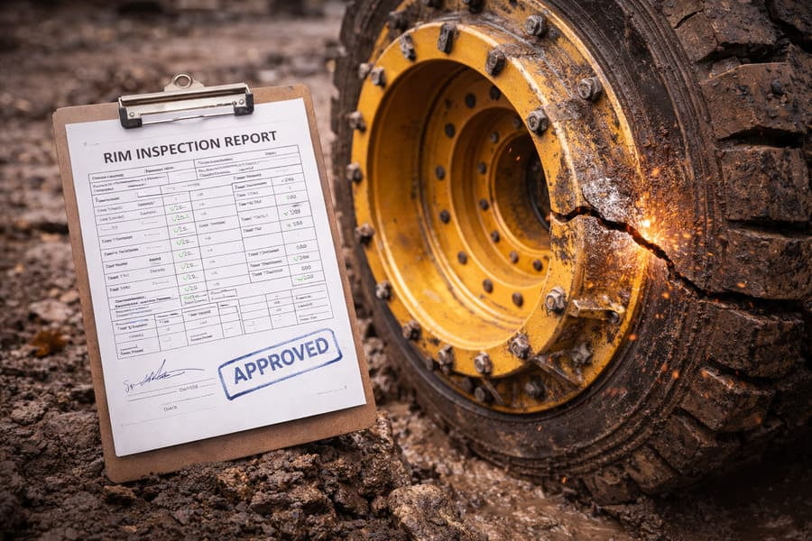 A clean inspection report on a clipboard next to a cracked OTR rim in the field