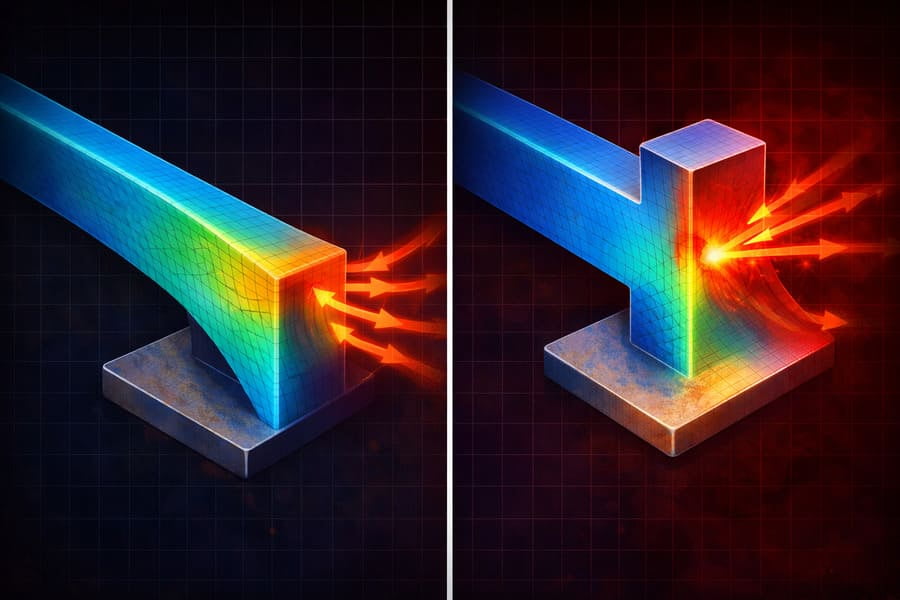 An animation showing stress flowing smoothly through a tapered beam, but concentrating into a red hotspot at the corner of a beam with an abrupt step.