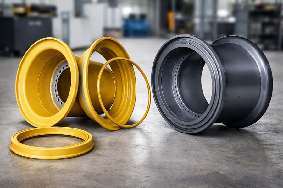 An engineer looking at a complex computer-aided design (CAD) of an OTR wheel, representing proactive design.