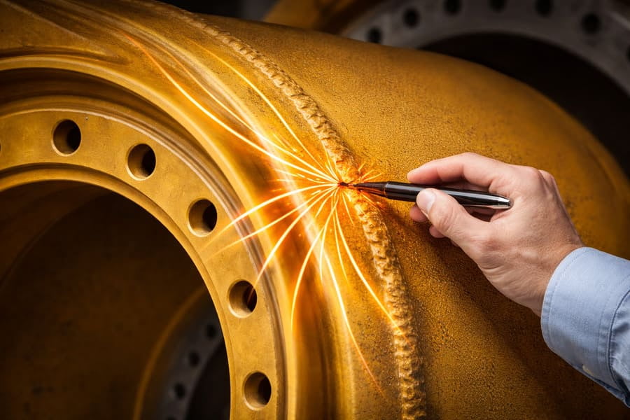 An engineer pointing at a crack on an OTR wheel, with glowing lines drawn over it to illustrate the flow of stress.