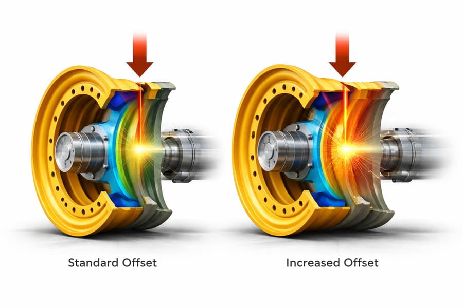 A diagram showing two wheels, one with standard offset and one with increased offset, illustrating the larger bending moment and stress concentration on the second wheel.