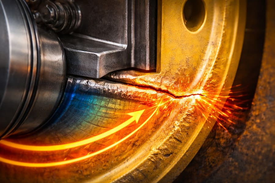 A close-up view of a crack forming right at the edge of the weld on an OTR wheel, with stress lines concentrating on that spot.