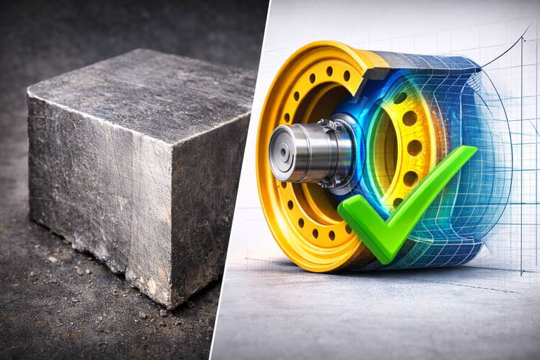 A split image showing a chunk of high-grade steel on one side and a CAD drawing of a well-designed wheel on the other, with a checkmark on the design.