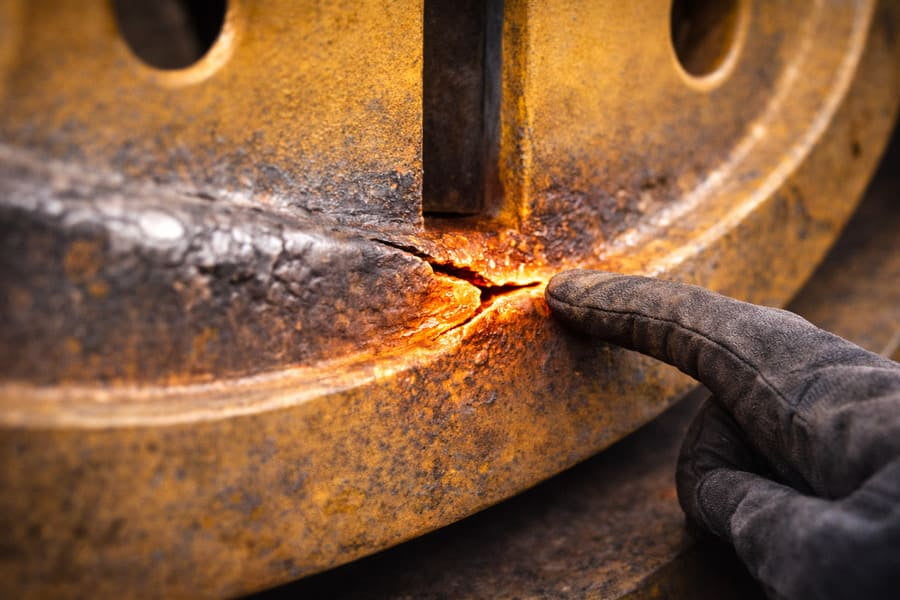 A close-up of a fatigue crack starting at the weld zone of an OTR wheel, with an inspector pointing to it.