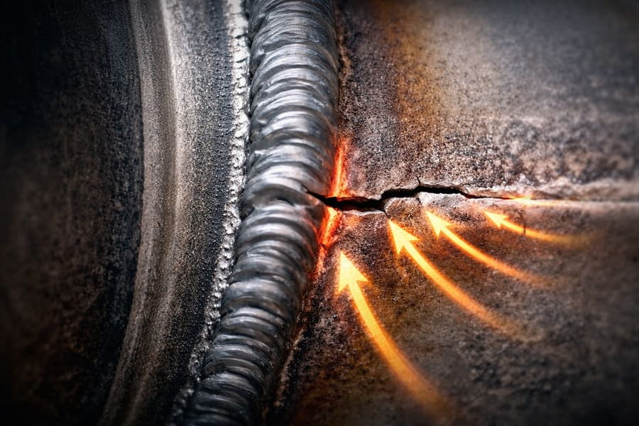 A close-up of a cracked weld on a heavy-duty OTR wheel.