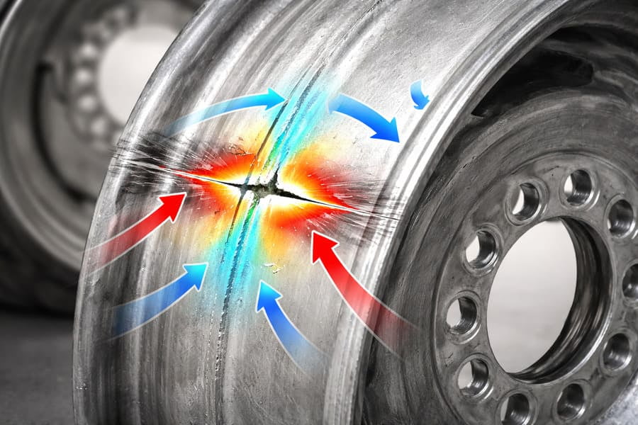 A detailed engineering diagram overlaid on a cracked OTR wheel, showing stress forces.