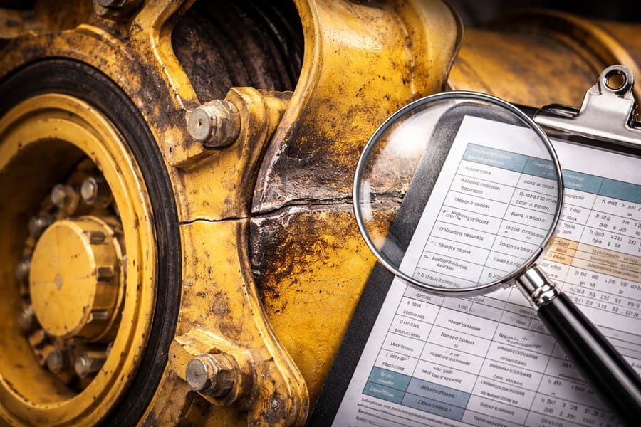 A magnifying glass hovering over a steel specification sheet next to a cracked OTR wheel.