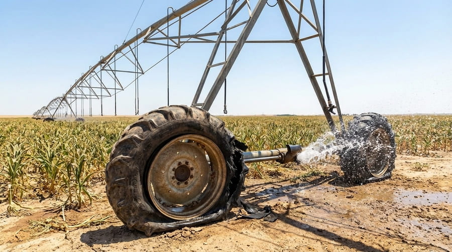 A pivot system that has stopped in a dry field due to a flat tire.