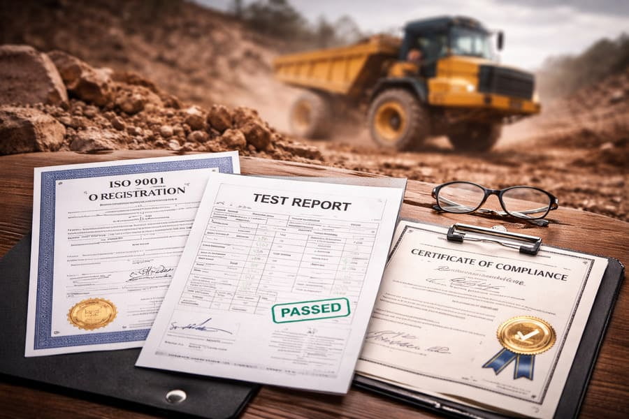 A collection of safety certificates on a desk, with an out-of-focus image of a heavy vehicle working in a harsh environment in the background