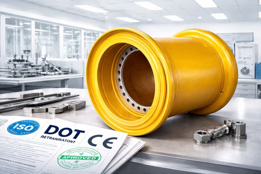 A collection of certification logos (ISO, DOT) next to a wheel in a clean laboratory setting.