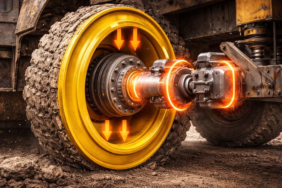 An OTR wheel made of thick, heavy steel, with arrows indicating increased weight and stress points.