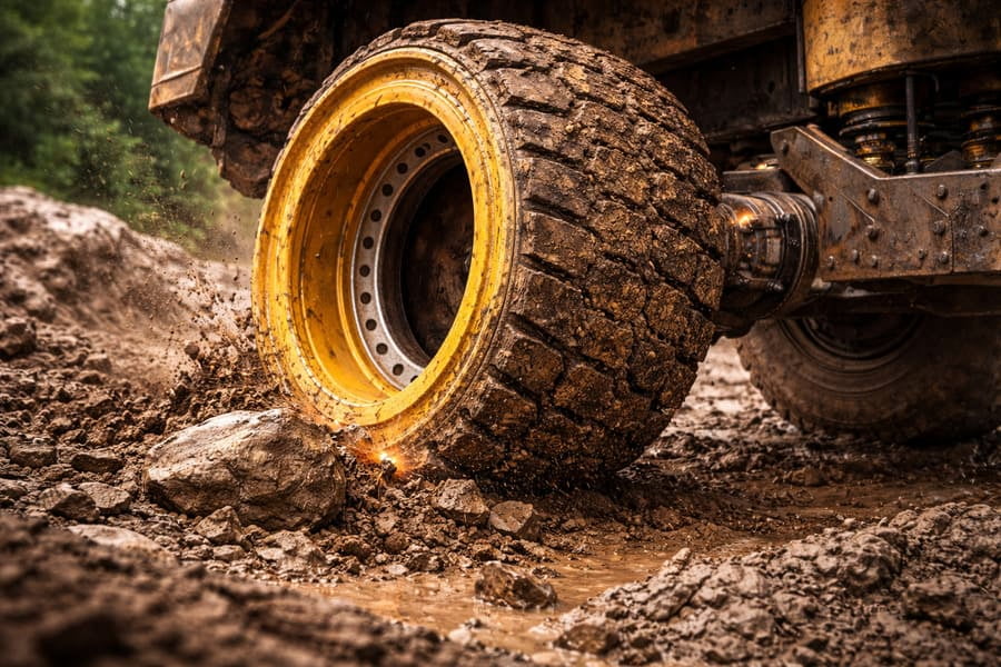 An OTR wheel operating in a harsh, muddy, and uneven field environment.
