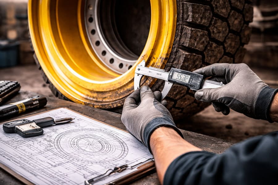 An inspector meticulously measuring an OTR wheel with calipers against a technical drawing.