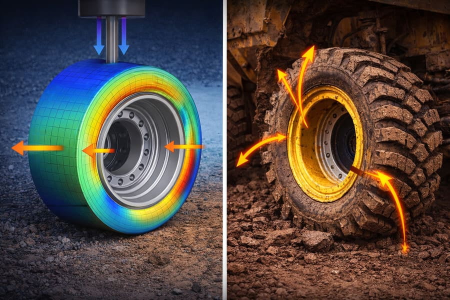A clean computer simulation of a wheel with simple stress vectors next to a muddy, twisted wheel in a field.