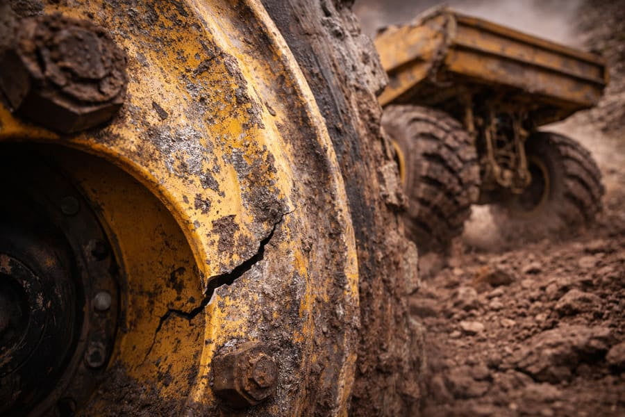 A close-up of a fatigue crack in an OTR wheel rim.