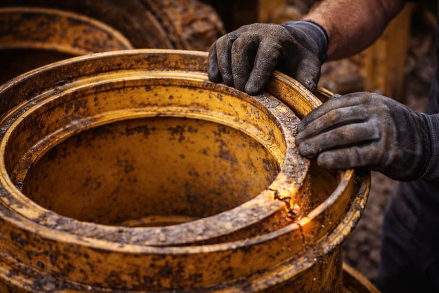 A technician carefully inspecting a multi-piece OTR wheel's lock ring.