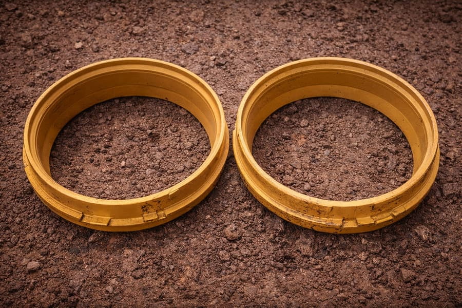 Two OTR wheel lock rings that look nearly identical lying side-by-side.