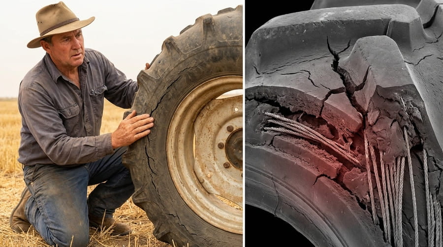 A farmer closely inspecting a weathered but still inflated irrigation tire.