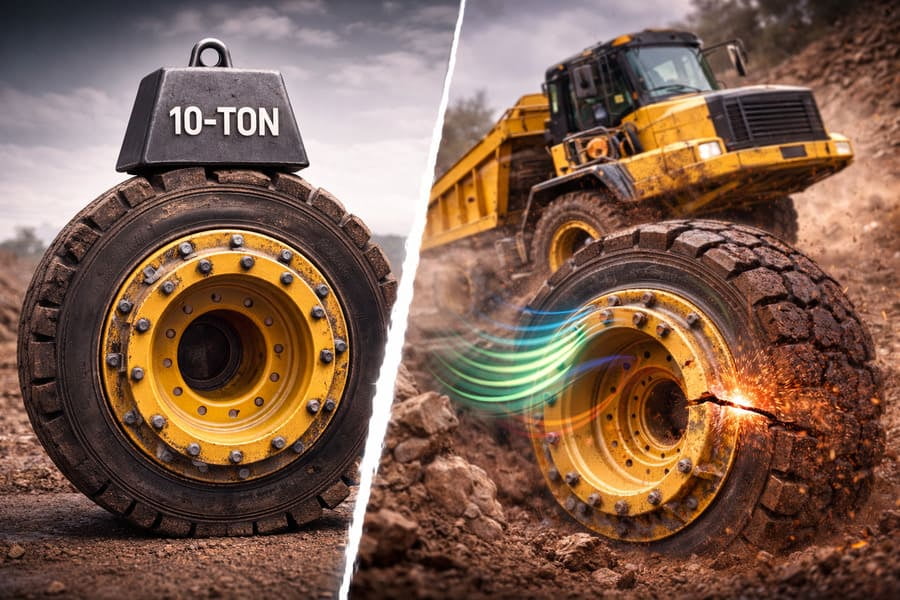 An infographic contrasting a simple "10-Ton" static weight on a rim versus a rim on a moving vehicle hitting bumps and turning