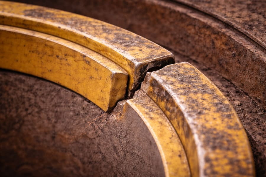 A close-up of a cracked OTR wheel lock ring, highlighting the fatigue fracture.