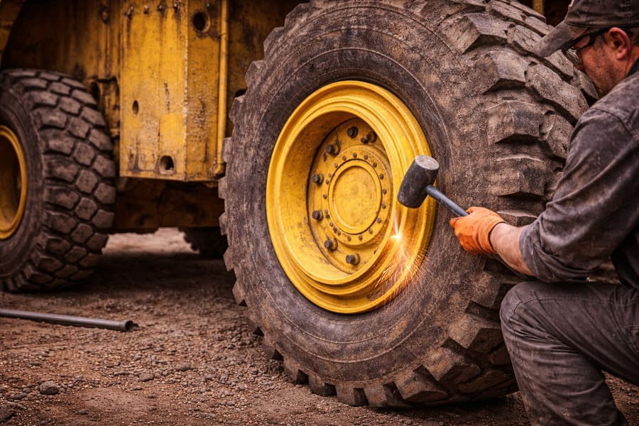 An OTR wheel being safely installed in a workshop.