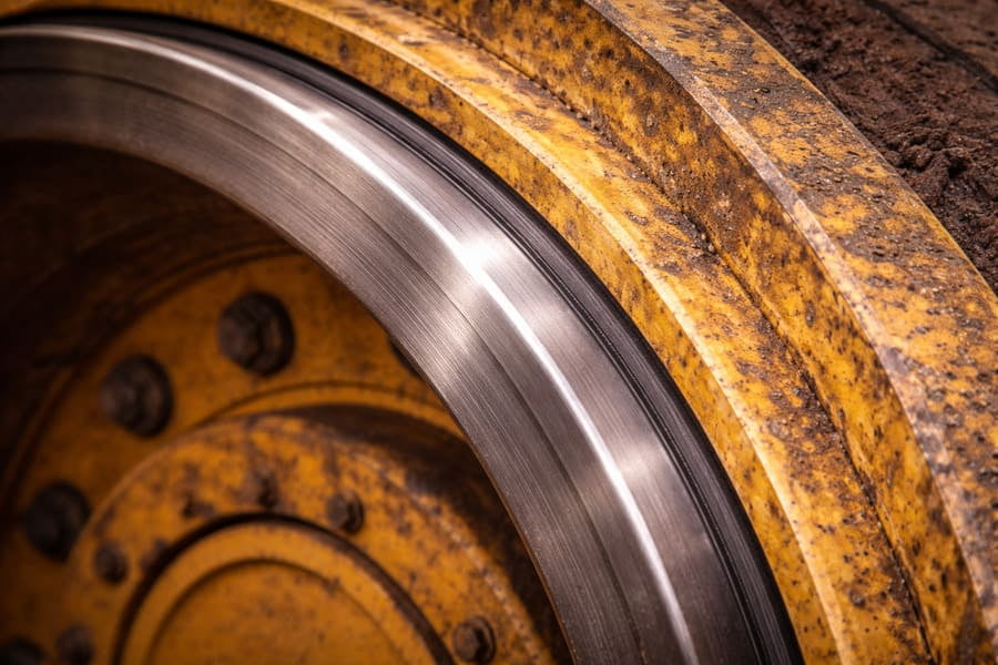 A close-up of an OTR wheel's bead seat band, highlighting its contact surface with the tire.