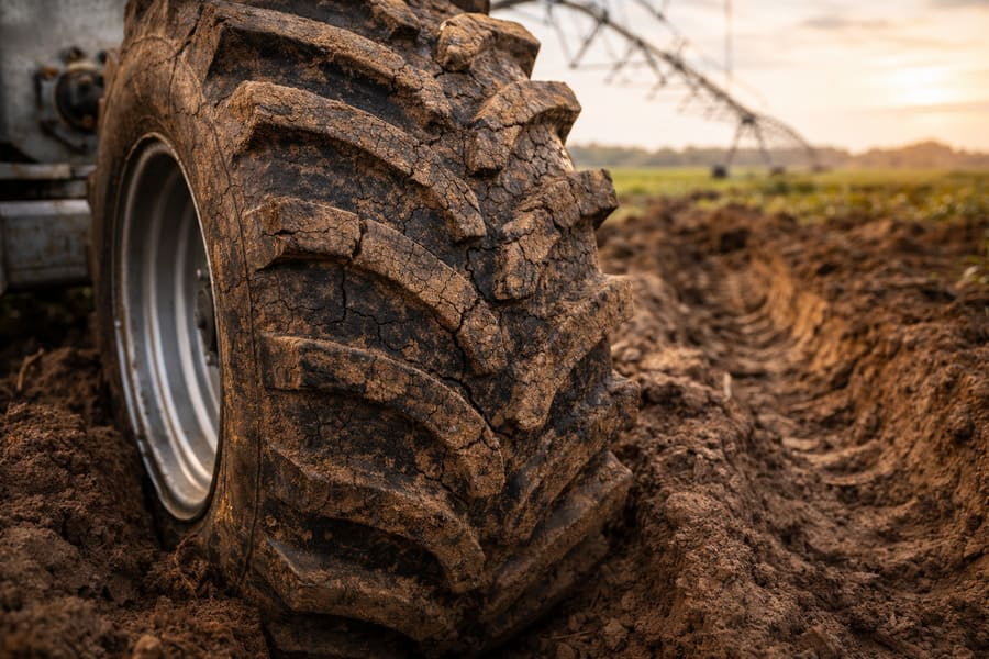 A close-up of a worn irrigation tire showing cracks from fatigue.