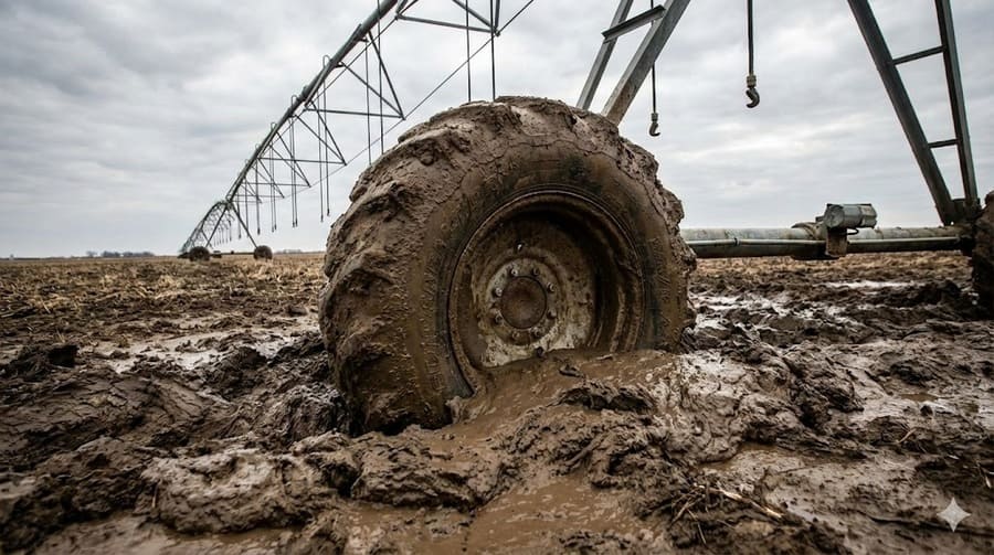 An irrigation pivot tire sinking into deep mud, illustrating a worst-case scenario.