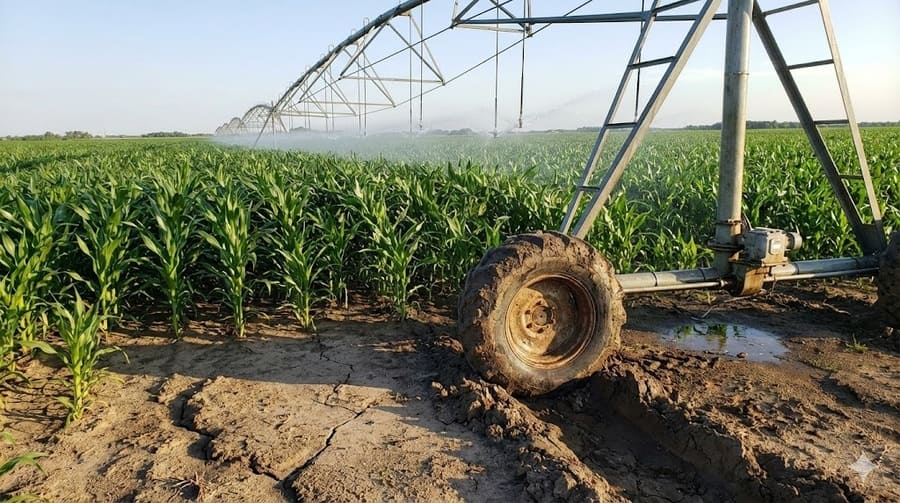 An irrigation pivot operating in a lush, green field mid-season.