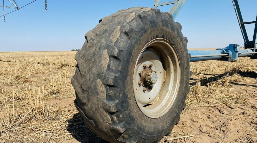A close-up of an irregularly worn irrigation tire next to a diagram of a pivot system with force arrows.