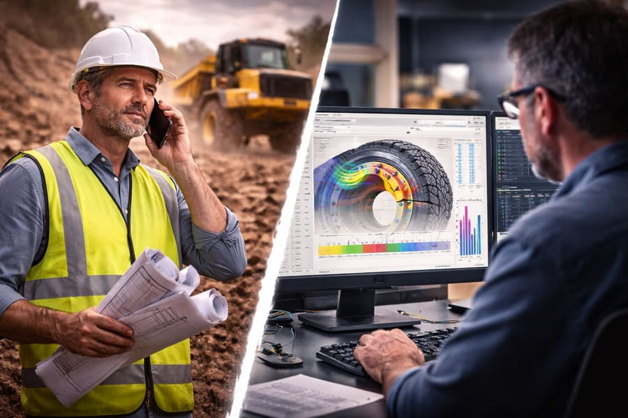A customer talking on the phone describing a worksite, contrasted with an engineer looking at complex stress analysis data on a computer screen