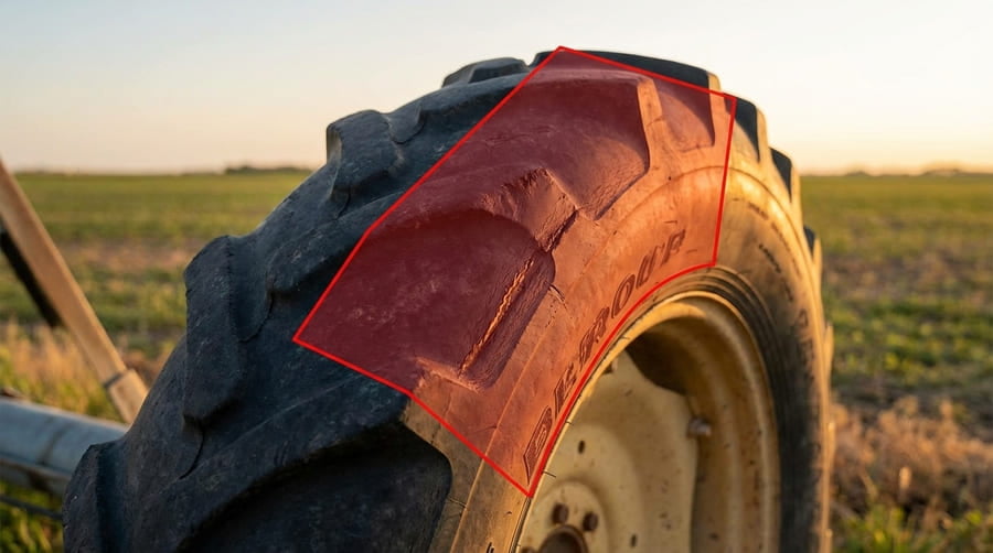 A graph showing a "risk window" where tire failure probability spikes after a certain amount of wear.