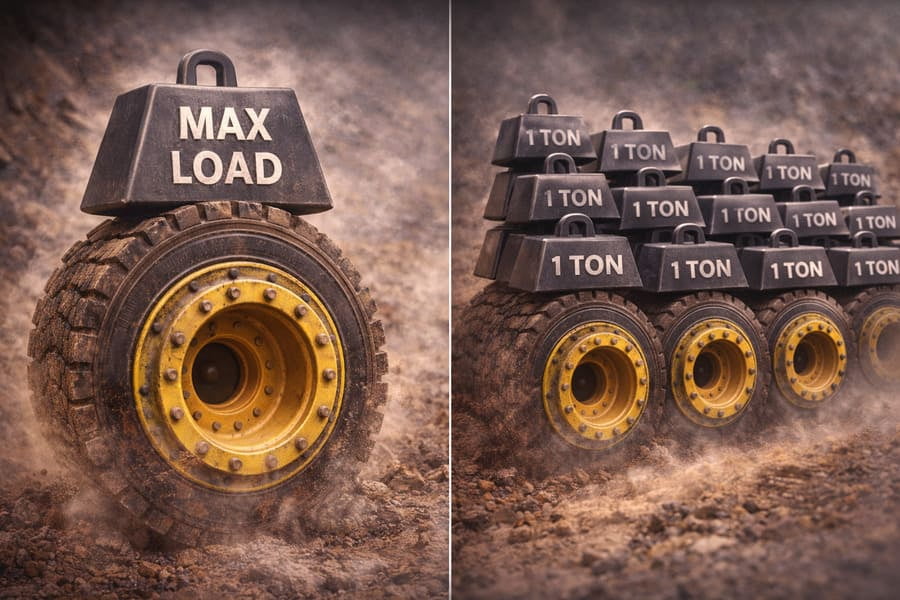 An infographic comparing a single, huge weight labeled "Max Load" to a series of smaller, repeated weights labeled "Fatigue Cycles"