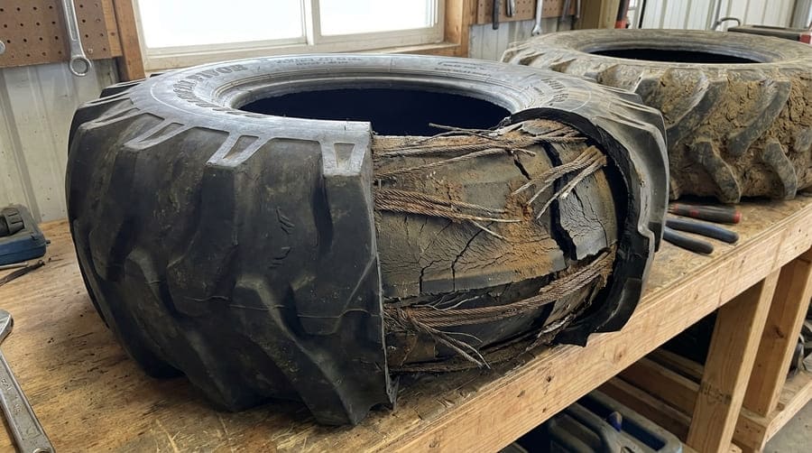 A cross-section of an irrigation tire showing hidden internal damage next to a perfectly fine-looking exterior.