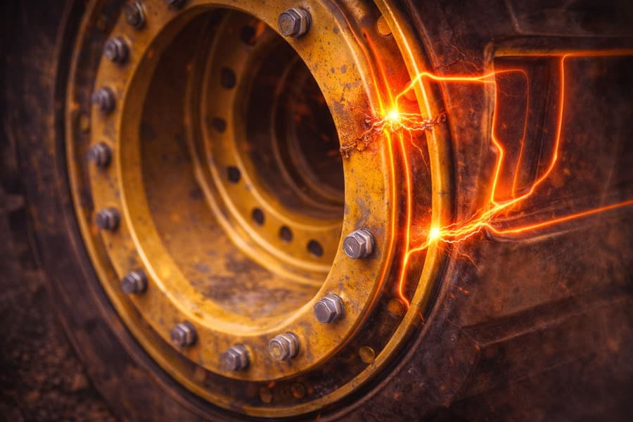 An animated diagram showing stress paths glowing red as they travel through an OTR rim structure, concentrating at weld joints and bends.