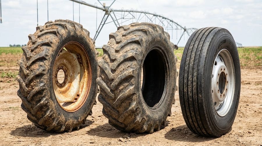 An irrigation tire, a tractor drive tire, and a highway trailer tire are shown side-by-side, looking similar at first glance.