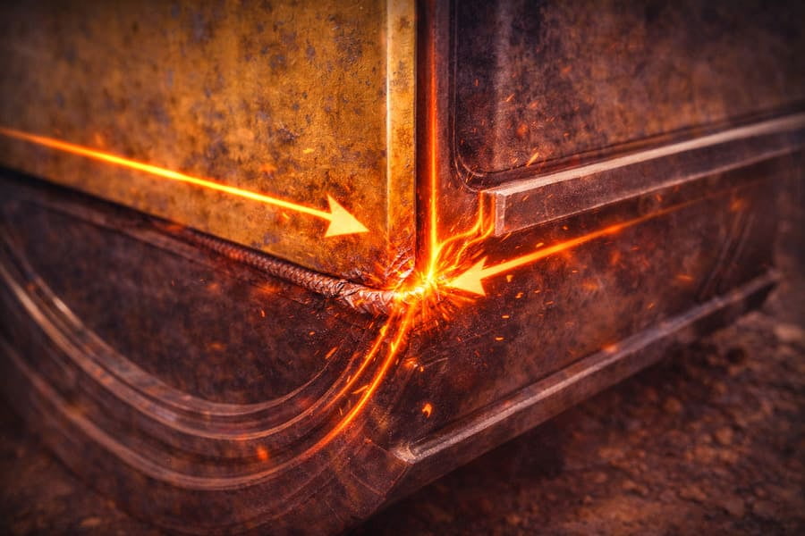 An illustration showing stress concentrating at the edge of a thick reinforcement plate on a thinner steel section.