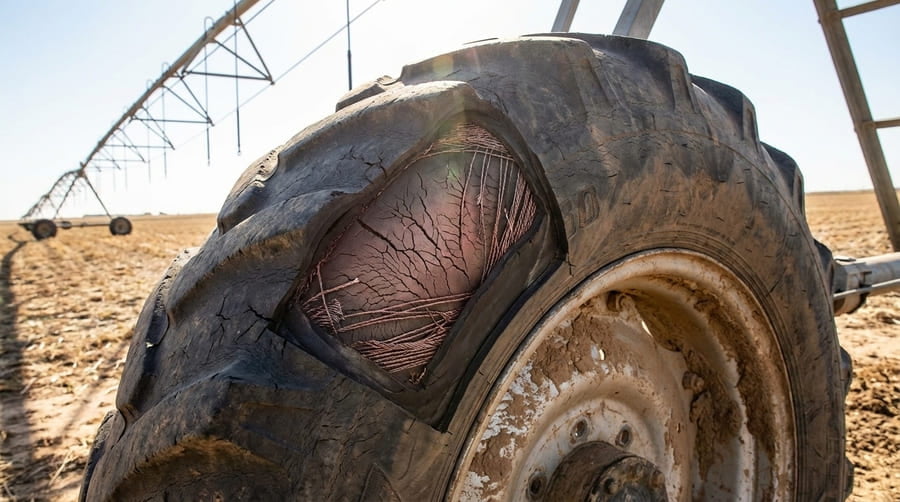 A close-up illustration showing micro-tears forming and accumulating within a tire's internal structure.