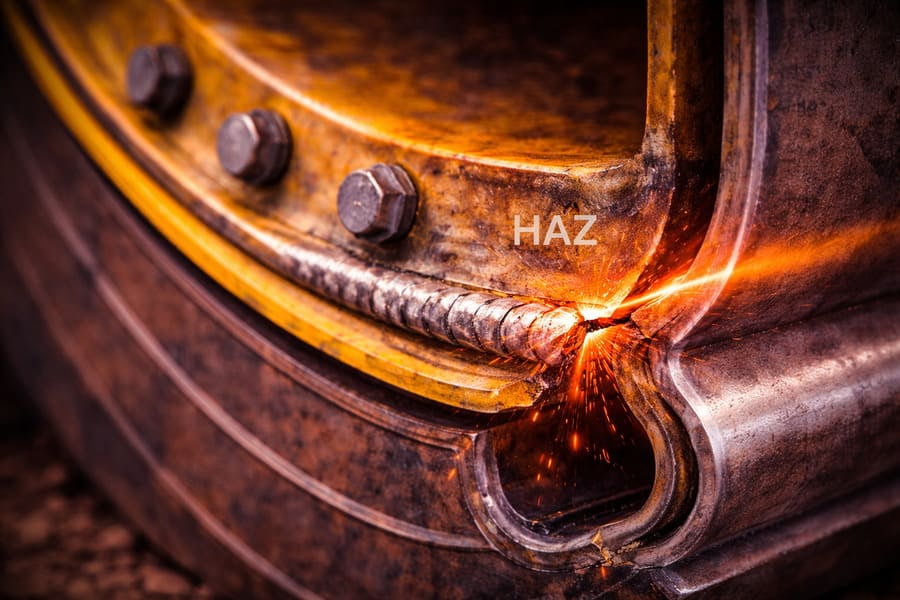 A microscopic view showing the distinct weld metal, the grainy Heat-Affected Zone (HAZ), and the normal parent metal.