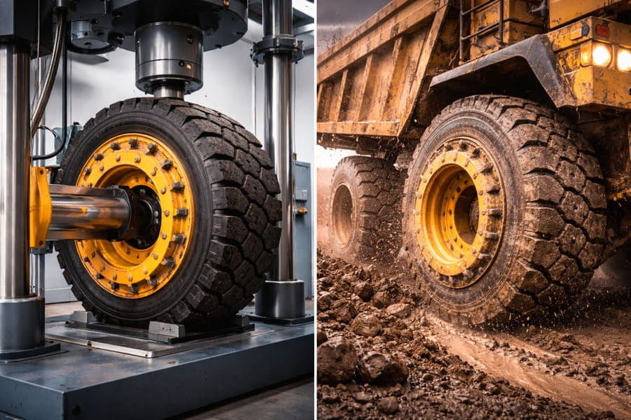 A lab machine testing an OTR wheel vs. a muddy, loaded vehicle in the field