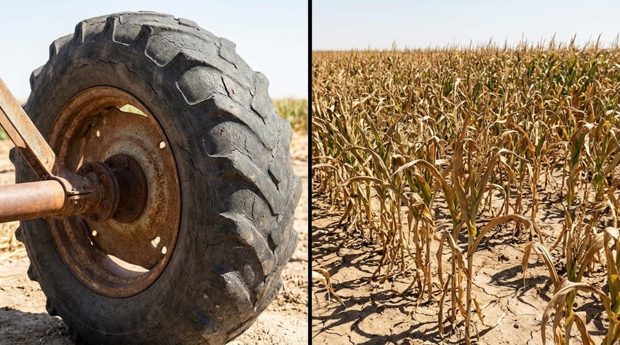A split image showing a worn tire on one side and a stressed, wilting crop on the other.