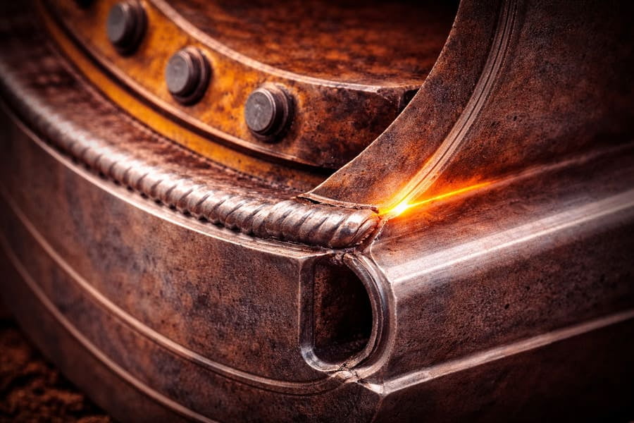 A close-up of a OTR rim showing a fatigue crack originating precisely at the end of a welded reinforcement plate.