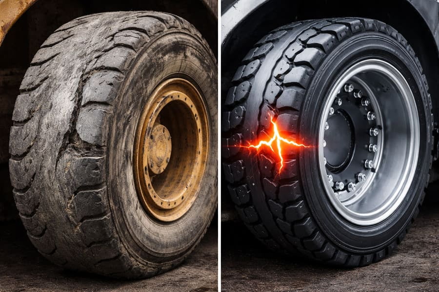A side-by-side comparison: on the left, a tire showing obvious signs of wear and bulging. On the right, a pristine-looking OTR wheel with a hidden internal stress icon.