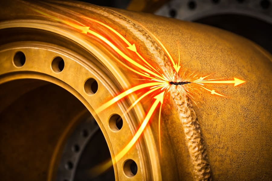 A diagram showing force arrows flowing into a wheel and converging on a single line where a crack is shown forming.