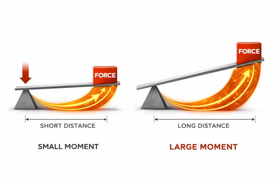 A simple diagram illustrating the principle of leverage: Force x Distance = Bending Moment, with one example showing a short distance and another showing a long distance creating a much larger moment.
